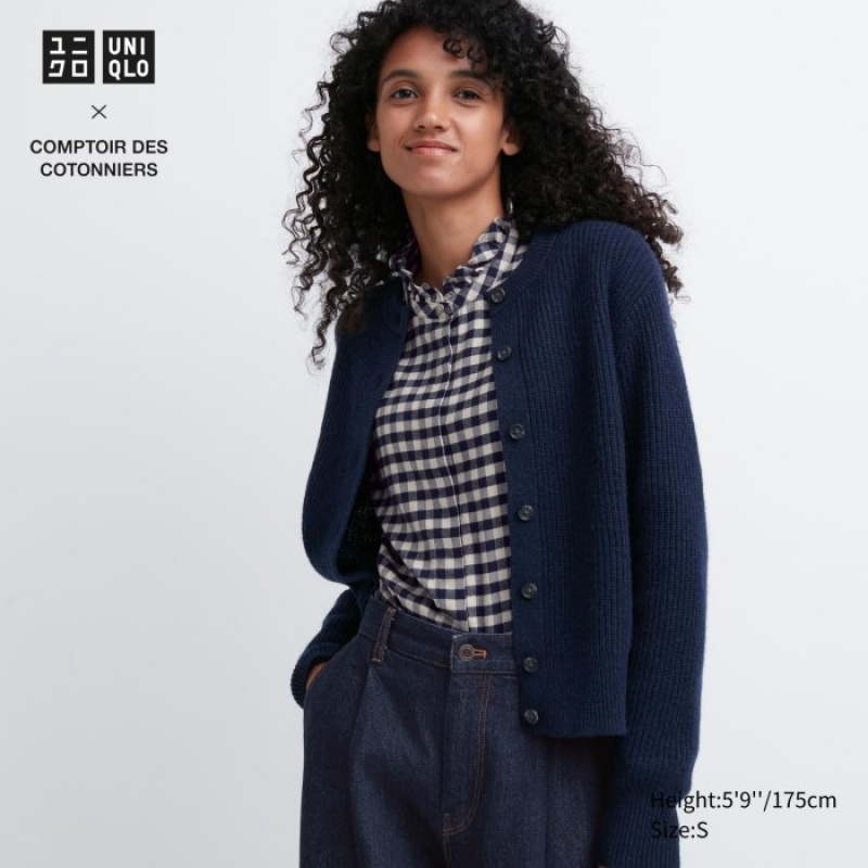Uniqlo Premium Lambswool Long-Sleeve Kofta Dam Marinblå | 7698839
