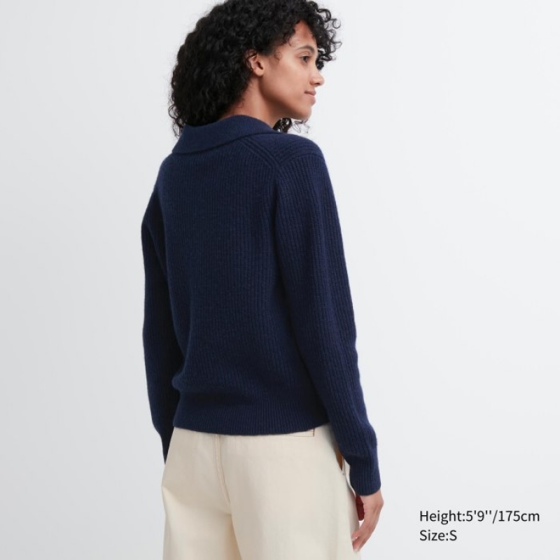 Uniqlo Premium Lambswool Long-Sleeve Polo Tröjor Dam Marinblå | 7413751