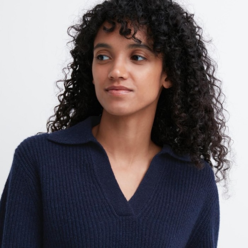 Uniqlo Premium Lambswool Long-Sleeve Polo Tröjor Dam Marinblå | 7413751
