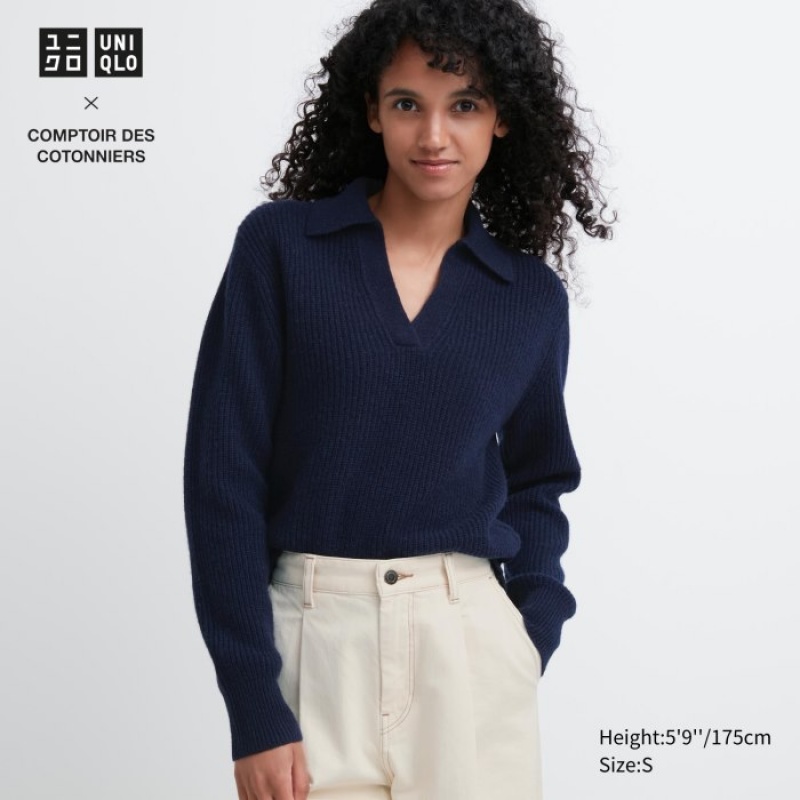 Uniqlo Premium Lambswool Long-Sleeve Polo Tröjor Dam Marinblå | 7413751