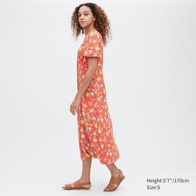 Uniqlo Printed V-Neck Short-Sleeve Flare Klänning Dam Röda | 4538727