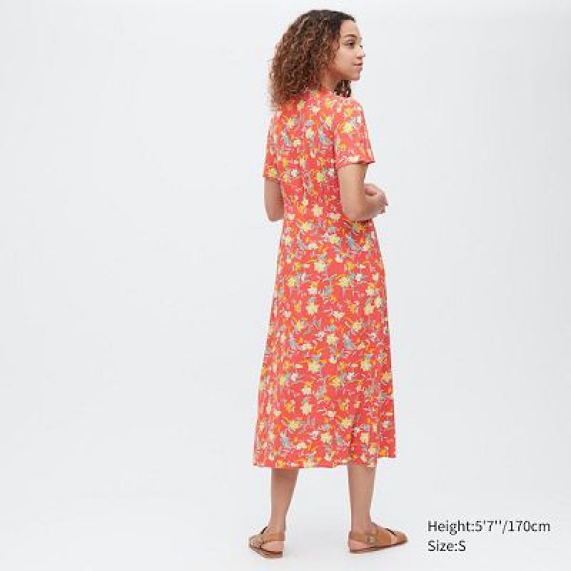 Uniqlo Printed V-Neck Short-Sleeve Flare Klänning Dam Röda | 4538727