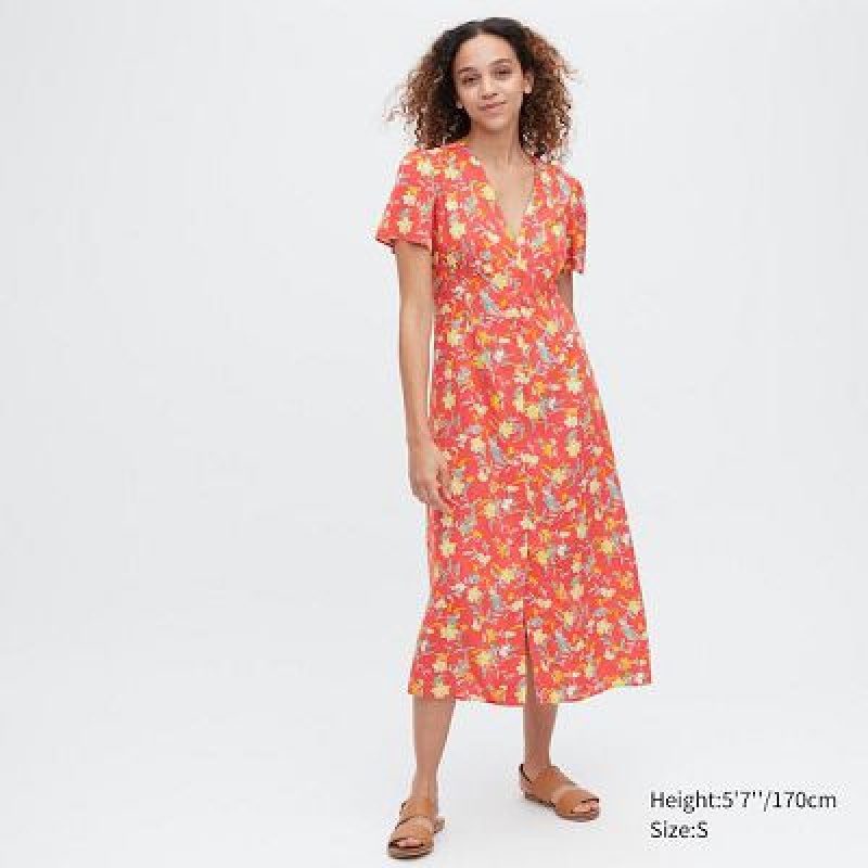 Uniqlo Printed V-Neck Short-Sleeve Flare Klänning Dam Röda | 4538727