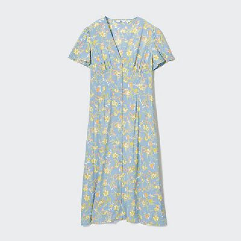 Uniqlo Printed V-Neck Short-Sleeve Flare Klänning Dam Blå | 8556290