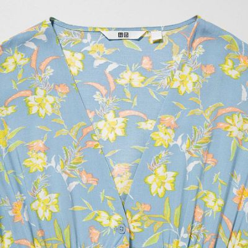 Uniqlo Printed V-Neck Short-Sleeve Flare Klänning Dam Blå | 8556290