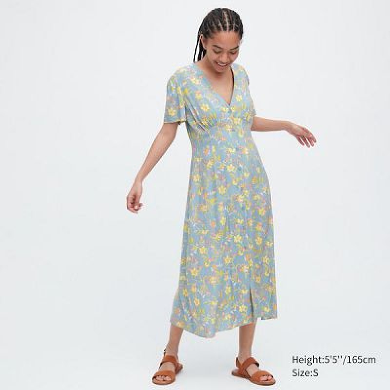 Uniqlo Printed V-Neck Short-Sleeve Flare Klänning Dam Blå | 8556290