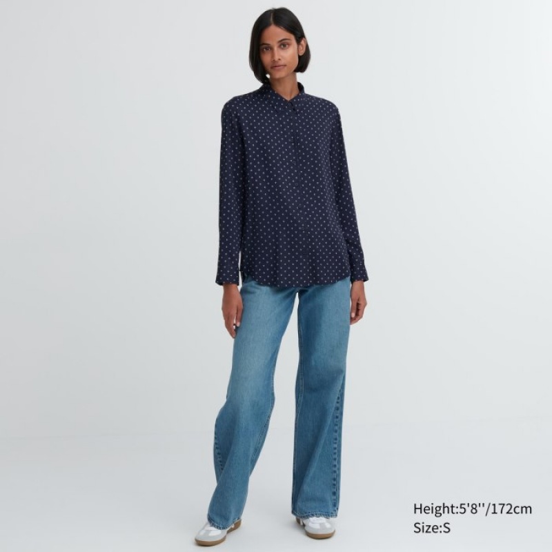 Uniqlo Rayon Printed Long-Sleeve Blus Dam Marinblå | 6688990
