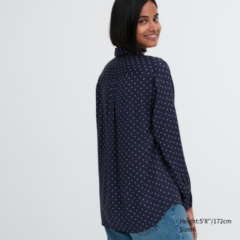 Uniqlo Rayon Printed Long-Sleeve Blus Dam Marinblå | 6688990