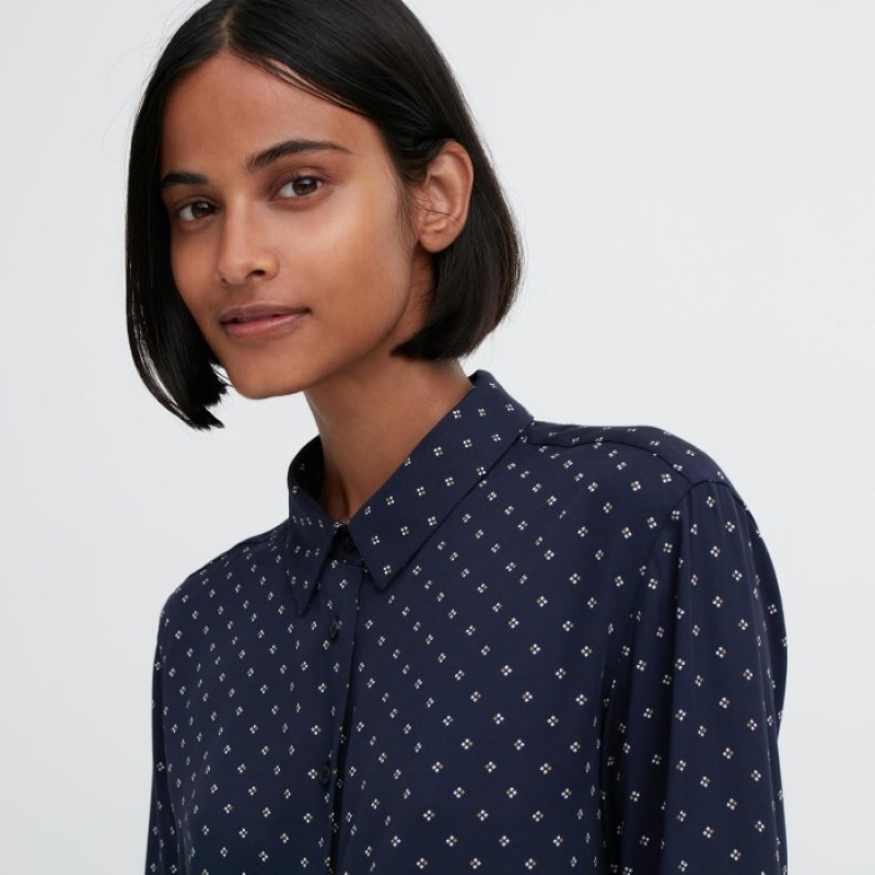 Uniqlo Rayon Printed Long-Sleeve Blus Dam Marinblå | 6688990