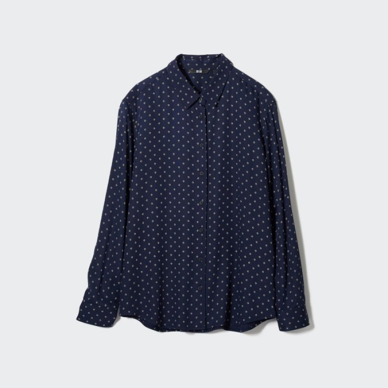 Uniqlo Rayon Printed Long-Sleeve Blus Dam Marinblå | 6688990