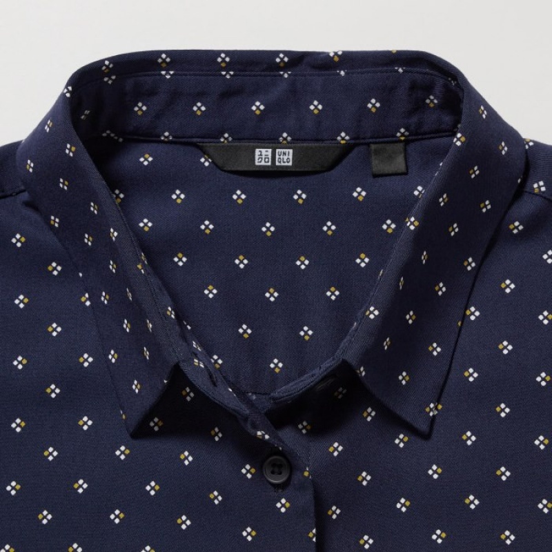 Uniqlo Rayon Printed Long-Sleeve Blus Dam Marinblå | 6688990