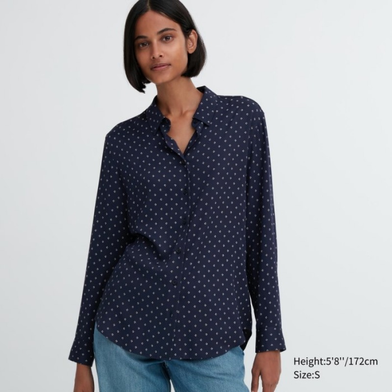 Uniqlo Rayon Printed Long-Sleeve Blus Dam Marinblå | 6688990