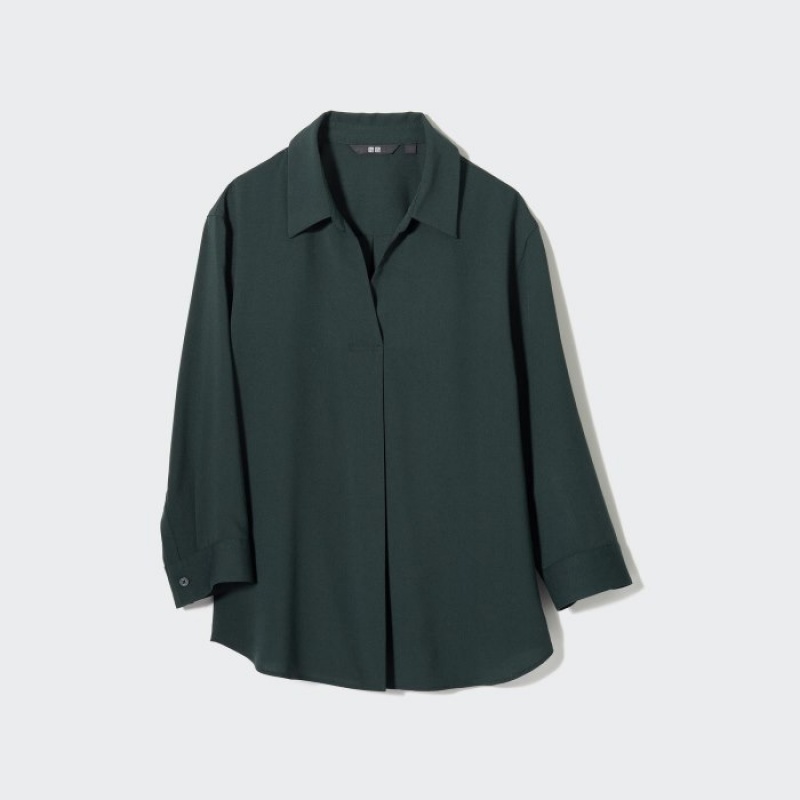Uniqlo Rayon Skipper Collar 3/4-Sleeve Blus Dam Gröna | 767232