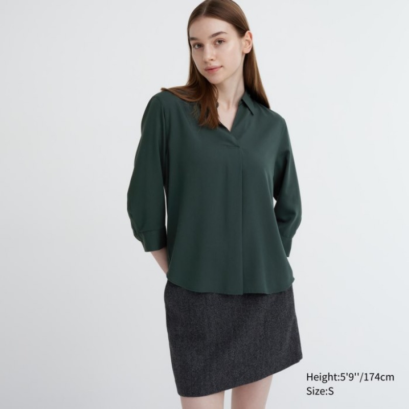 Uniqlo Rayon Skipper Collar 3/4-Sleeve Blus Dam Gröna | 767232