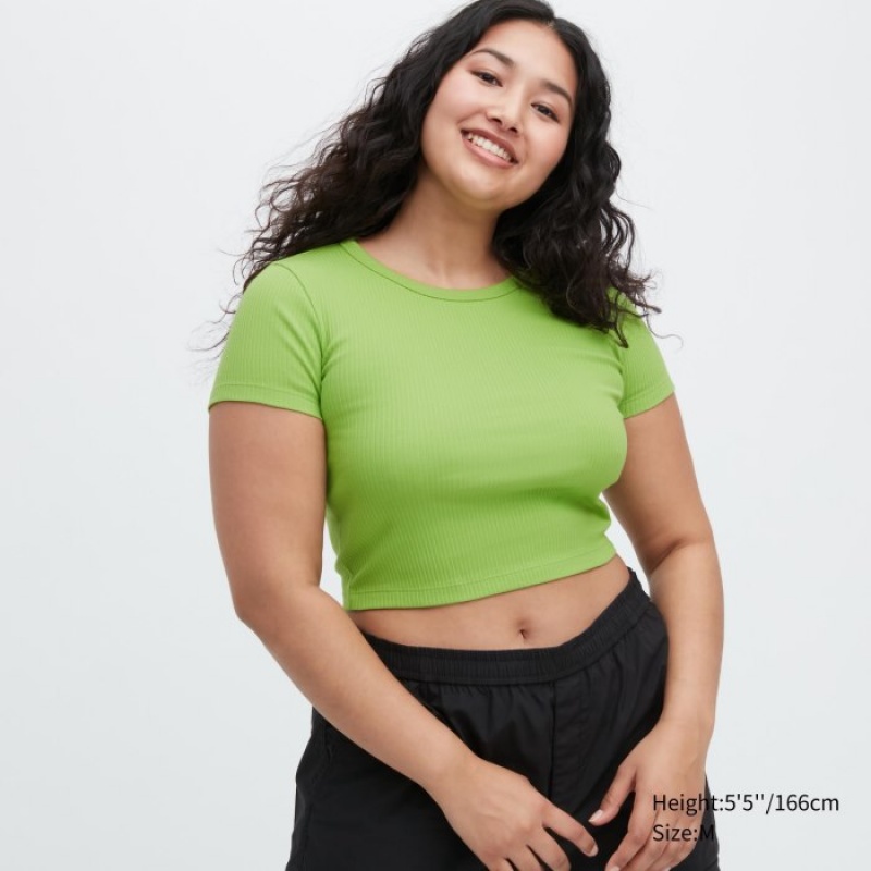 Uniqlo Ribbed Crew Neck Short-Sleeve Cropped T-shirt Dam Gröna | 2656955