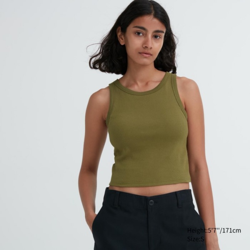 Uniqlo Ribbed Cropped Sleeveless Linne Dam Olivgröna | 9534735
