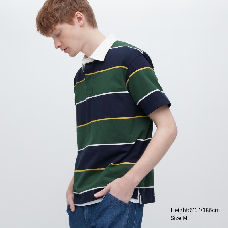 Uniqlo Rugger Striped Short Sleeve Piketröja Herr Gröna | 4280322