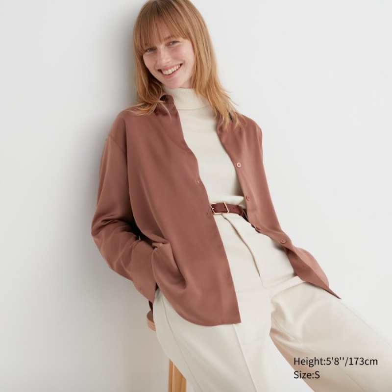 Uniqlo Satin Long-Sleeve Blus Dam Bruna | 6518774