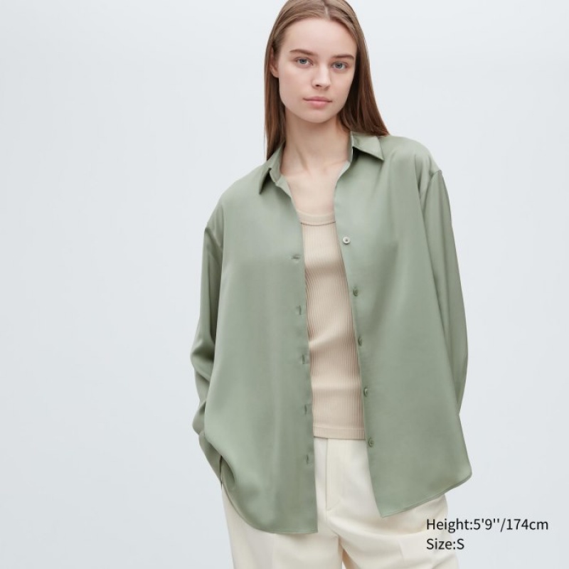 Uniqlo Satin Long-Sleeve Blus Dam Gröna | 2982185