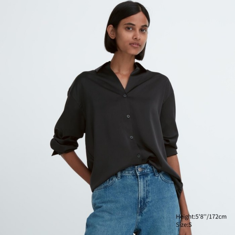 Uniqlo Satin Long-Sleeve Blus Dam Svarta | 9515410