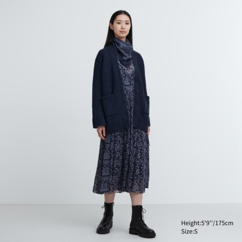 Uniqlo Soft Knit V-Neck Flare Long-Sleeve Kofta Dam Marinblå | 6329552