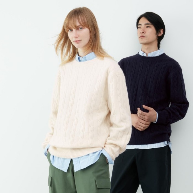 Uniqlo Souffle Yarn Cable Crew Neck Long-Sleeve Tröjor Dam Marinblå | 7788585
