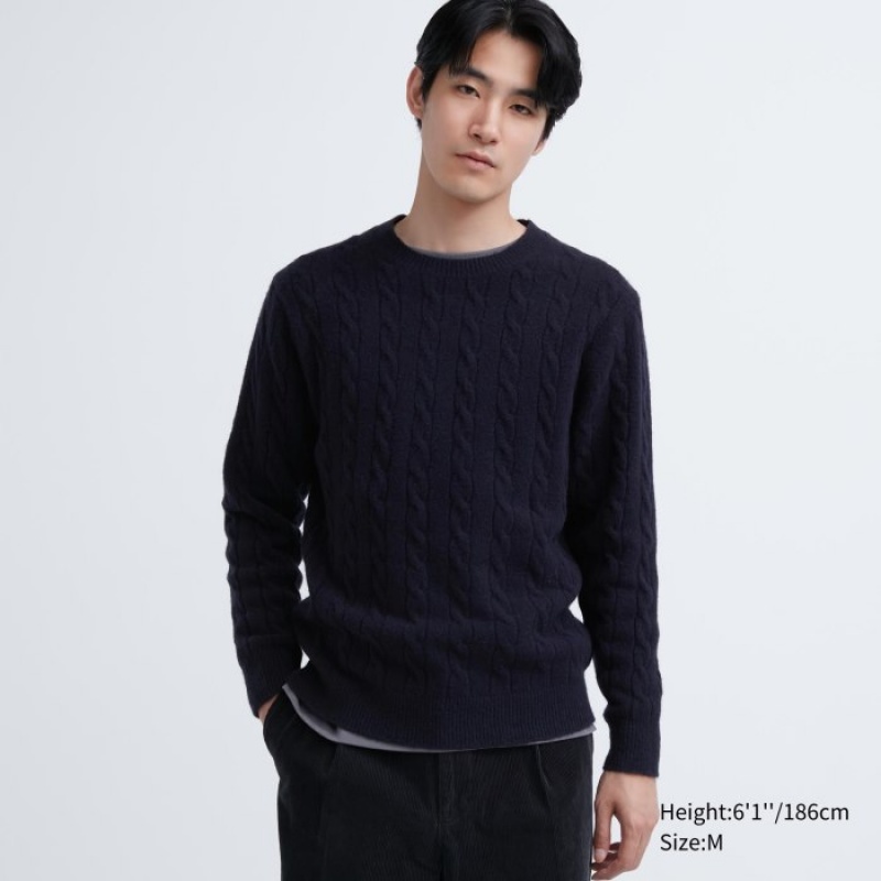Uniqlo Souffle Yarn Cable Crew Neck Long-Sleeve Tröjor Dam Marinblå | 7788585
