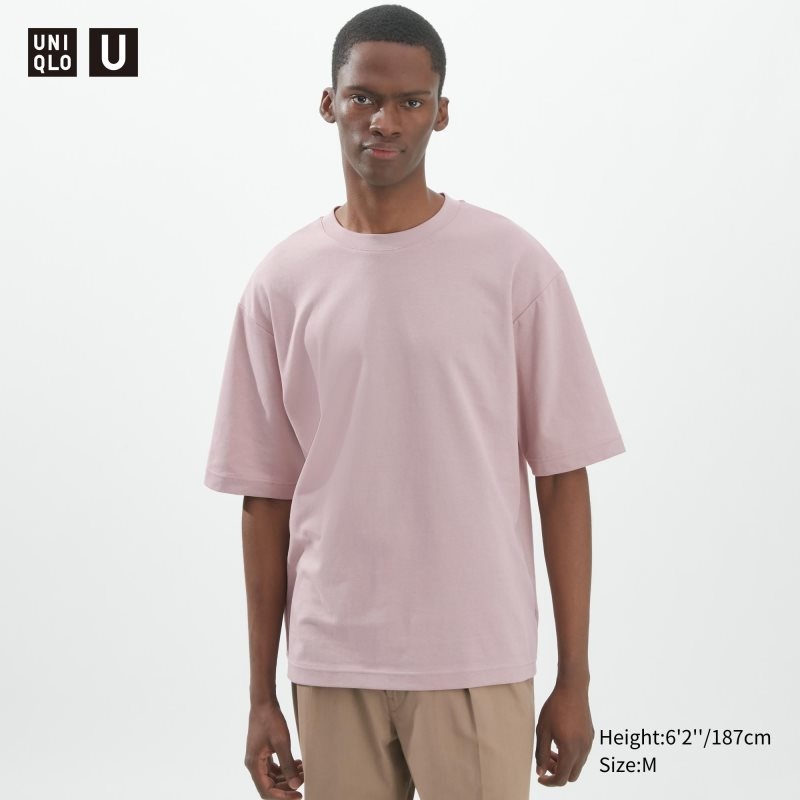 Uniqlo U AIRism Cotton Oversized Crew Neck Half-Sleeve T-shirt Herr Rosa | 6288670
