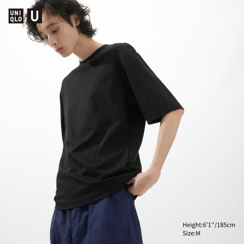 Uniqlo U AIRism Cotton Oversized Crew Neck Half-Sleeve T-shirt Herr Svarta | 9758845