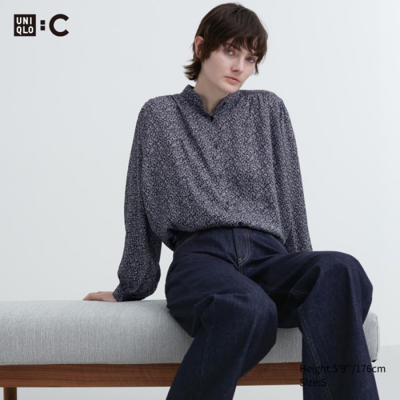 Uniqlo Volume Long-Sleeve Blus Dam Svarta | 1506338