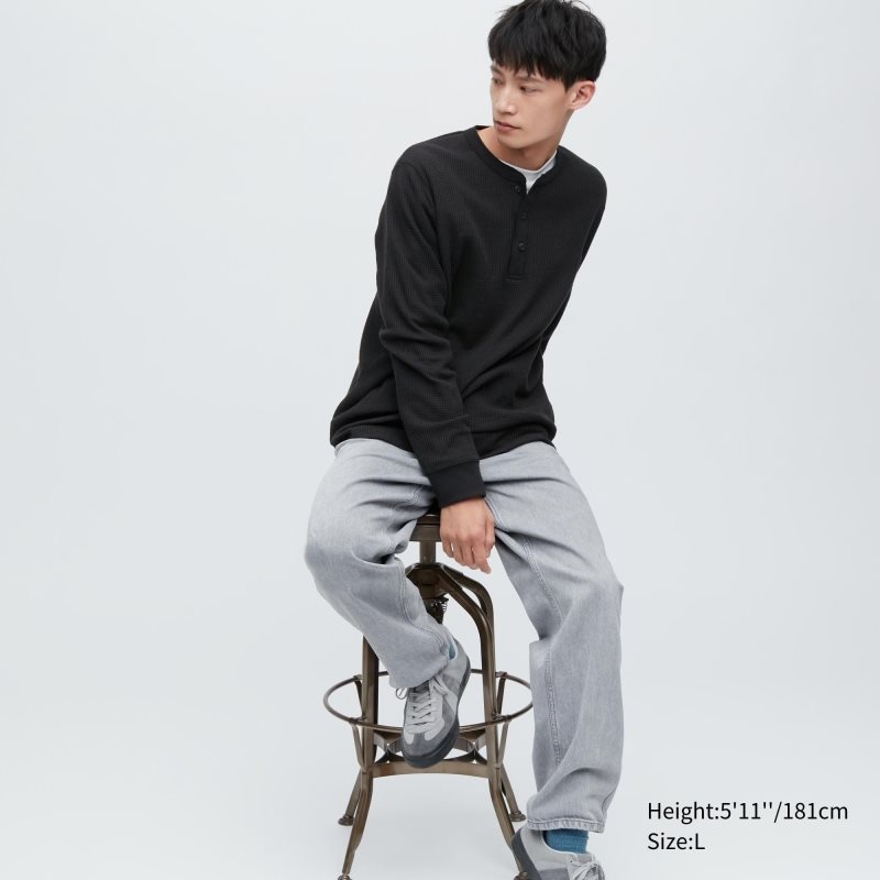 Uniqlo Waffle Long-sleeve Henley T-shirt Herr Svarta | 9282570