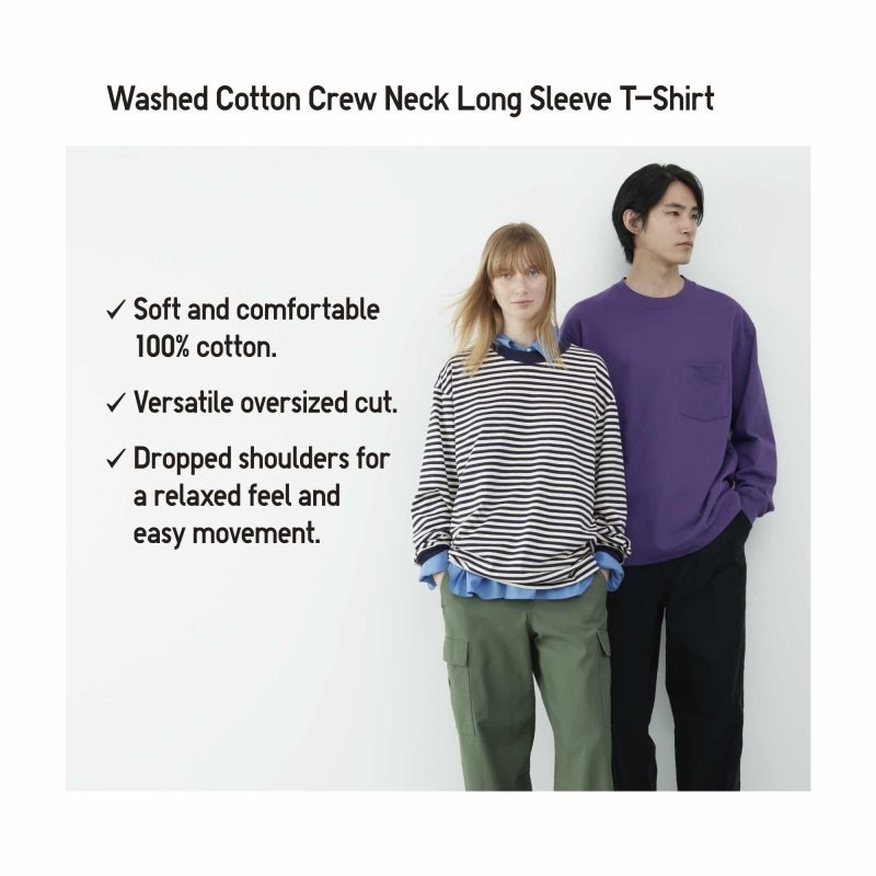 Uniqlo Washed Cotton Oversized Crew Neck Long-sleeve Striped T-shirt Herr Marinblå | 5184778