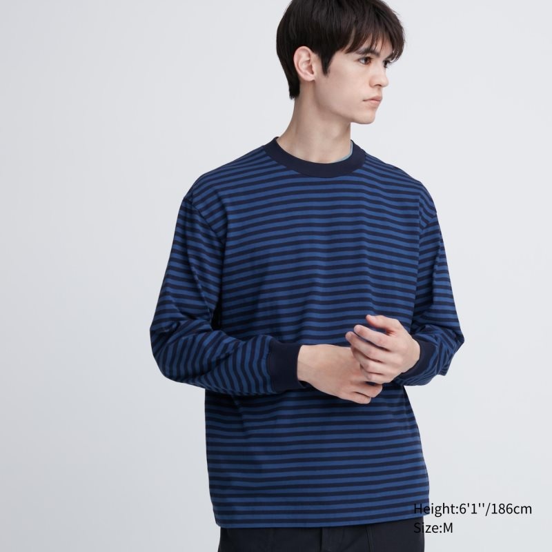 Uniqlo Washed Cotton Oversized Crew Neck Long-sleeve Striped T-shirt Herr Marinblå | 5184778