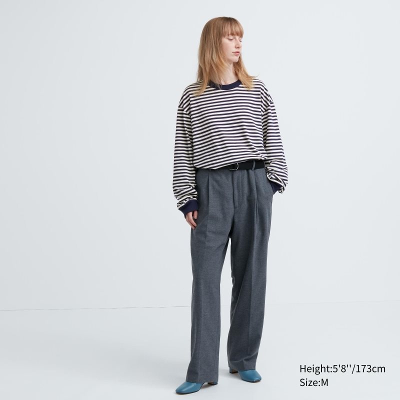 Uniqlo Washed Cotton Oversized Crew Neck Long-sleeve Striped T-shirt Herr Vita | 9992192