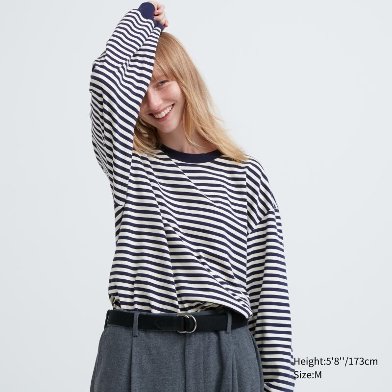 Uniqlo Washed Cotton Oversized Crew Neck Long-sleeve Striped T-shirt Herr Vita | 9992192