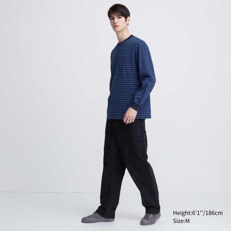 Uniqlo Washed Cotton Oversized Crew Neck Long-sleeve Striped T-shirt Herr Vita | 9992192