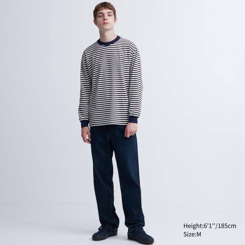 Uniqlo Washed Cotton Oversized Crew Neck Long-sleeve Striped T-shirt Herr Vita | 9992192