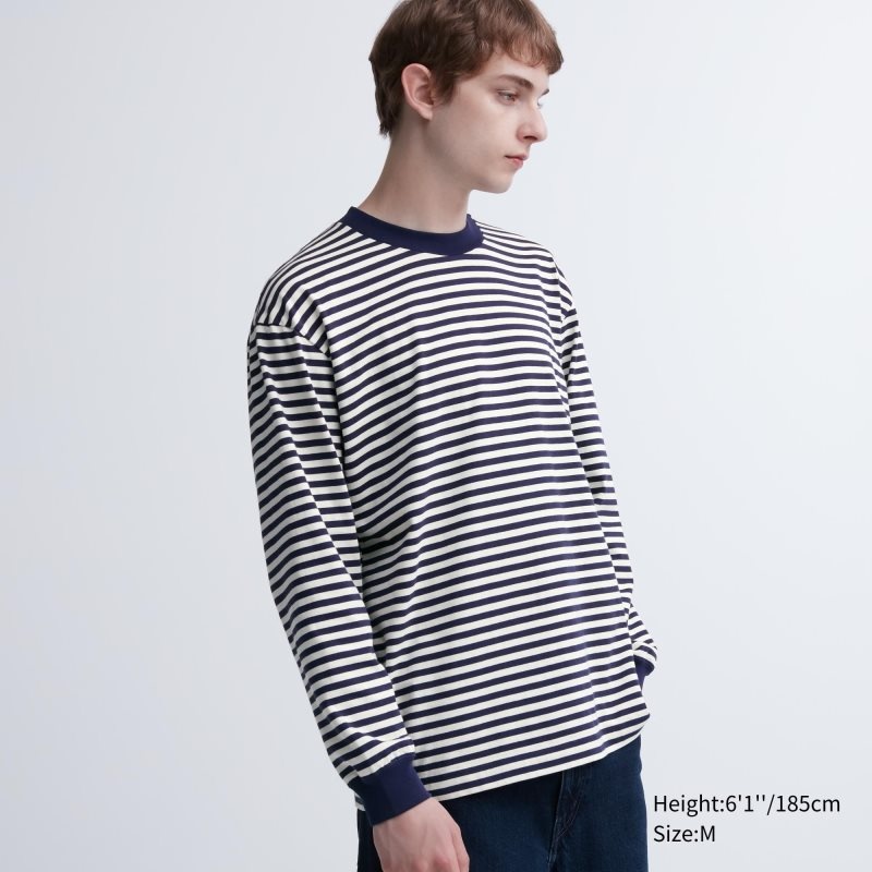 Uniqlo Washed Cotton Oversized Crew Neck Long-sleeve Striped T-shirt Herr Vita | 9992192