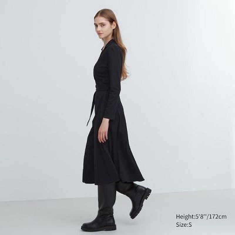 Uniqlo Wrap Long-Sleeve Klänning Dam Svarta | 5947015