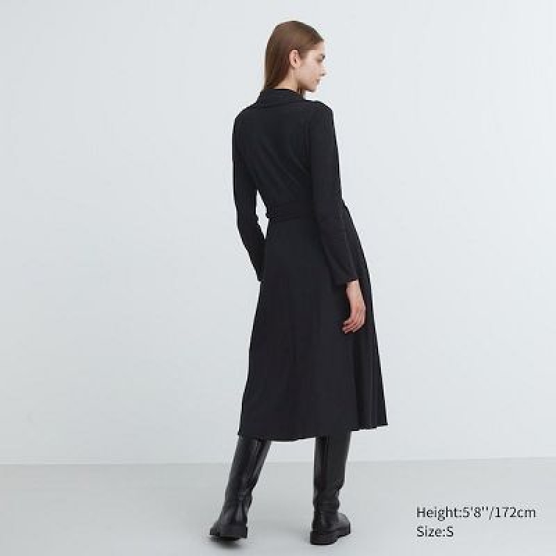 Uniqlo Wrap Long-Sleeve Klänning Dam Svarta | 5947015