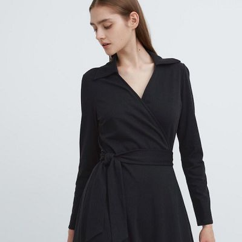 Uniqlo Wrap Long-Sleeve Klänning Dam Svarta | 5947015