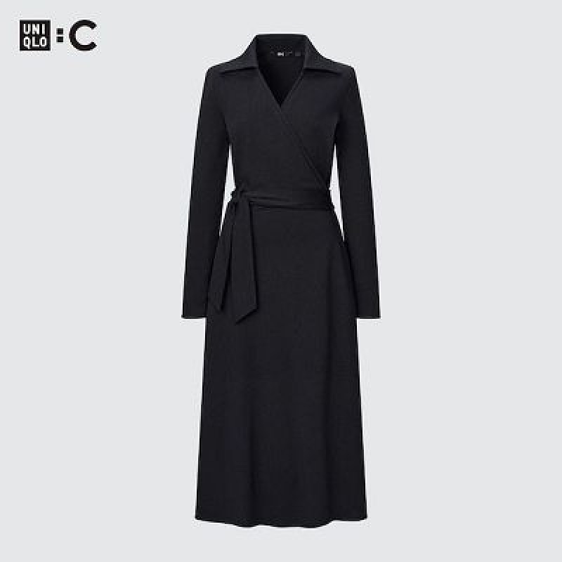 Uniqlo Wrap Long-Sleeve Klänning Dam Svarta | 5947015