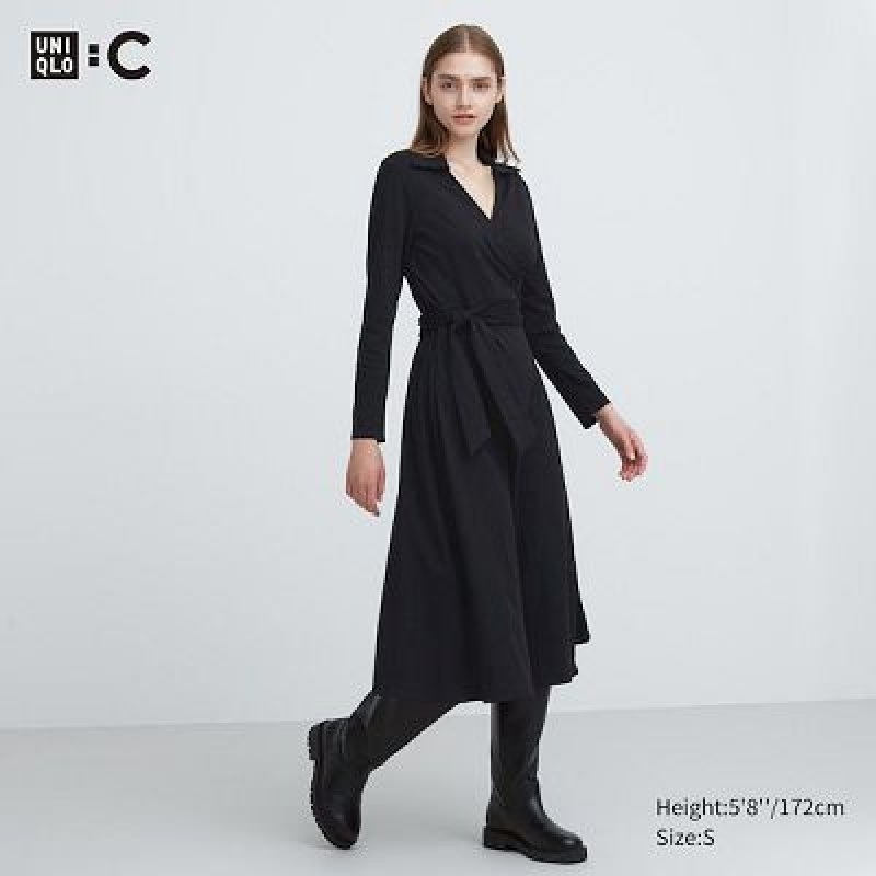 Uniqlo Wrap Long-Sleeve Klänning Dam Svarta | 5947015